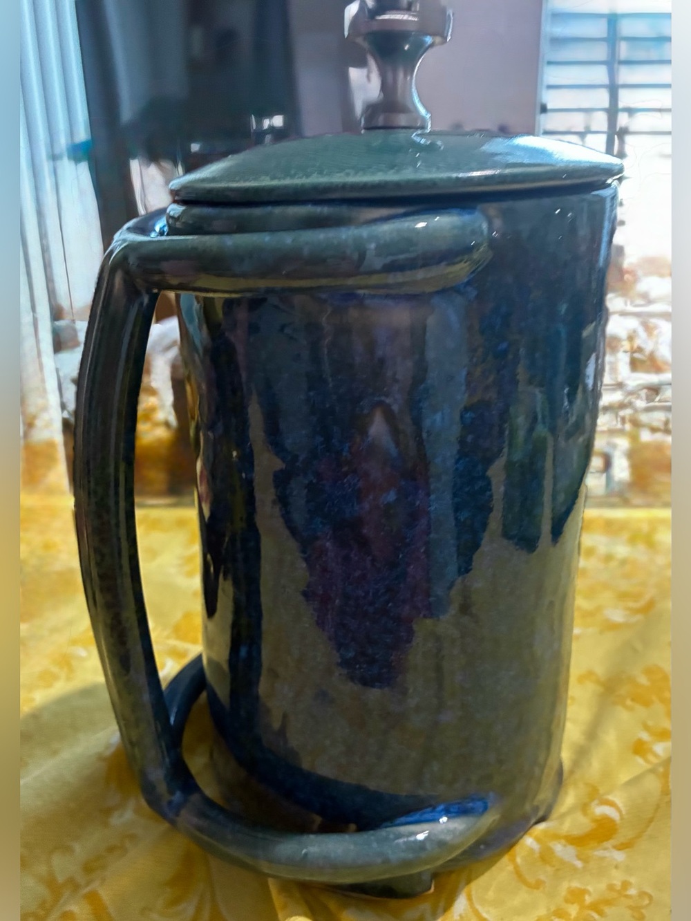 Unique Handmade & Signed Coffee Pot, Green/Blue Drip Glaze. New, Stunning Handle